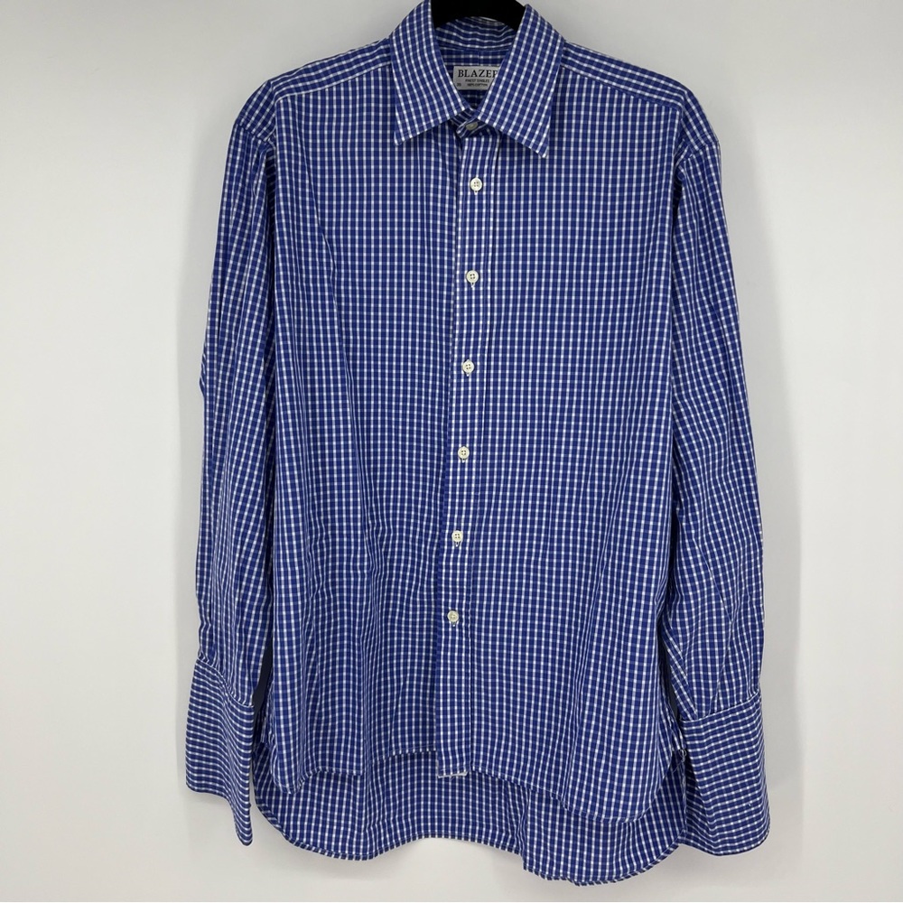 Blue and White Checkered Button Down Shirt 100% Cotton Mens 15 1/2 NEW